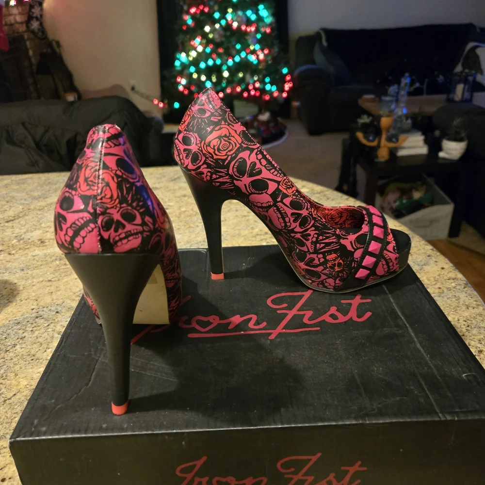 Iron Fist Women's Pink and Black Peep Toe Heels - Picture 6 of 7